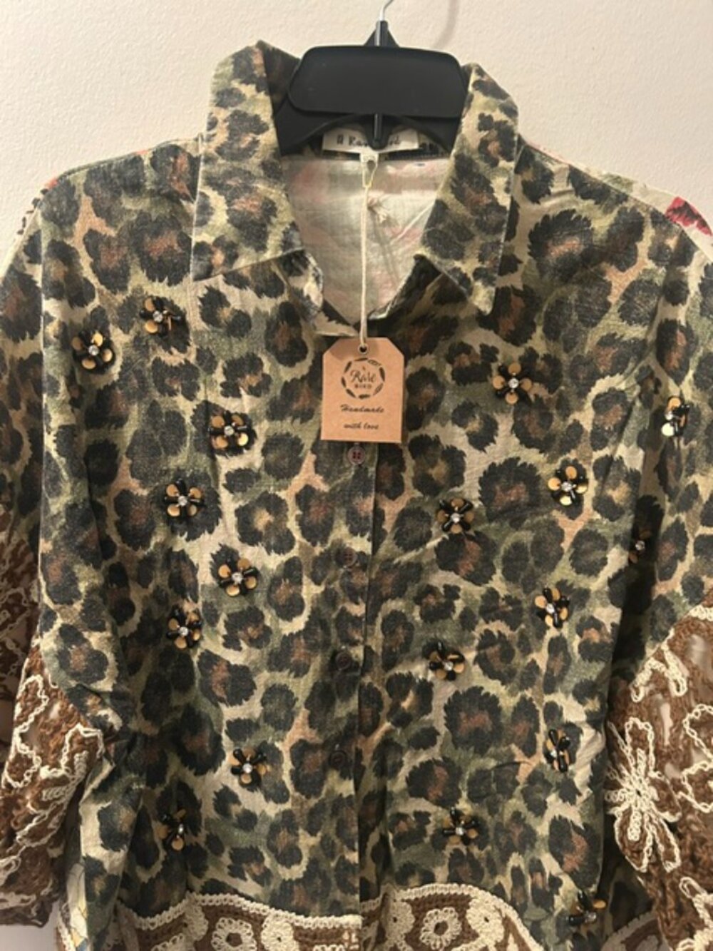 A Rare Bird Leopard Floral Print Crochet Beaded Button Front Garden Jacket NWT - Picture 7 of 16